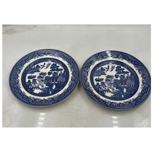 VTG Churchill Blue Willow Pattern Salad Plates England Chinoiserie 8" Set of 2